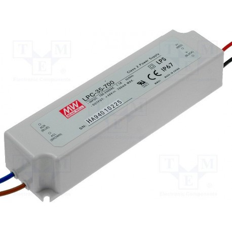 Alimentation Mean-Well IP67 - 90/264Vac - 9 à 48Vdc - switching led - 700mA - 33,6W