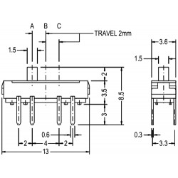 Inverseur miniature à glissière bipolaire droit 3 positions pour circuit imprimé